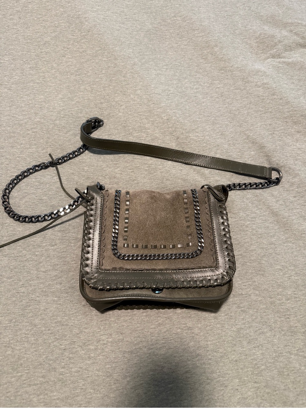Zara Suede & Leather Studded Crossbody Bag - Olive Green